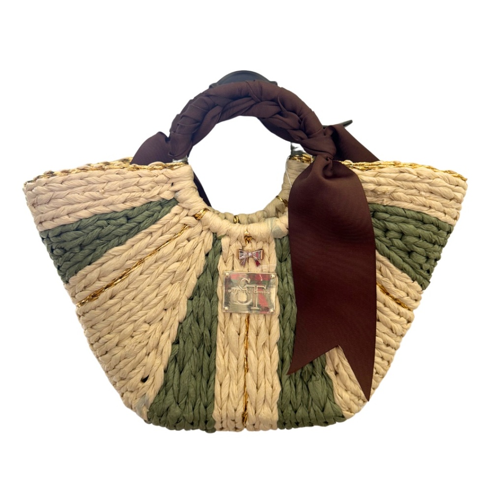 Cream & Sage straw handbag with brown braided ribbon